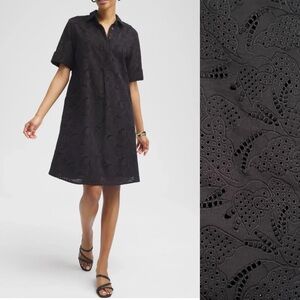 Chico’s Floral Eyelet Black Shirt Dress Short Sleeves Pockets Cotton 4 Size 20